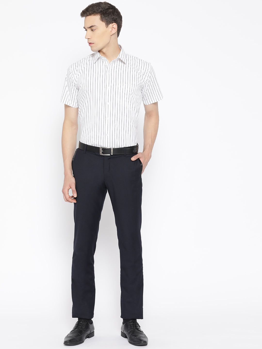 Men White & Navy Pure Cotton Striped Slim Fit Formal Shirt