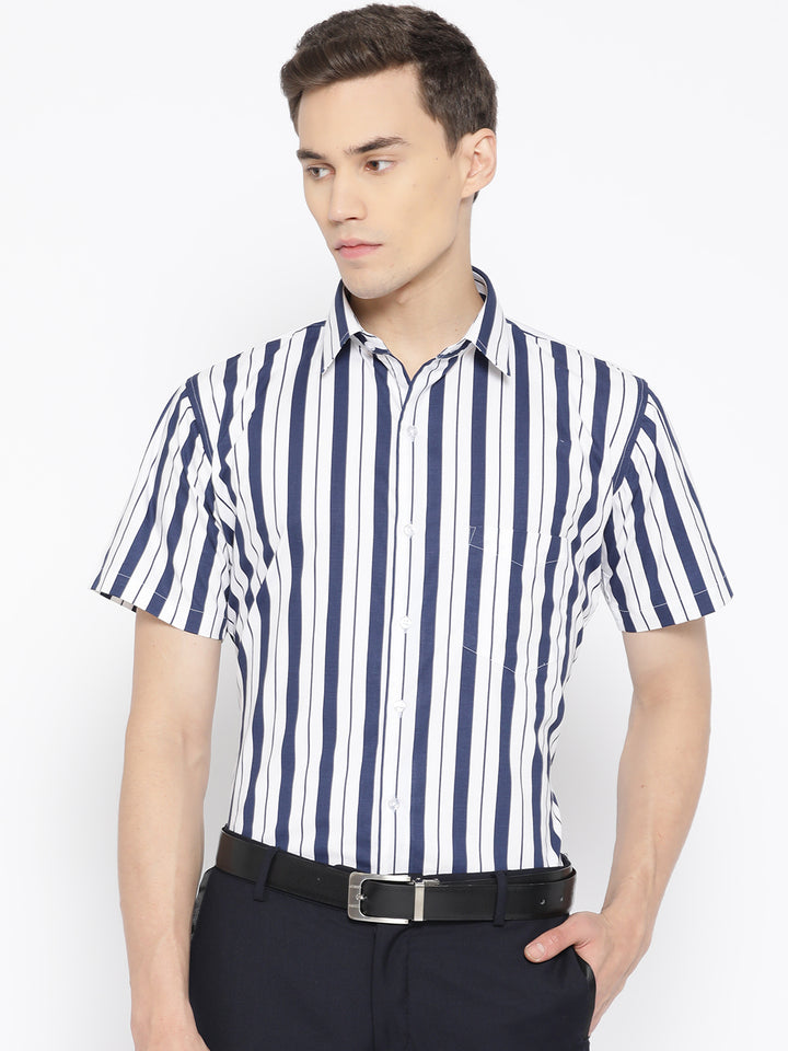 Men White & Navy Pure Cotton Striped Slim Fit Formal Shirt