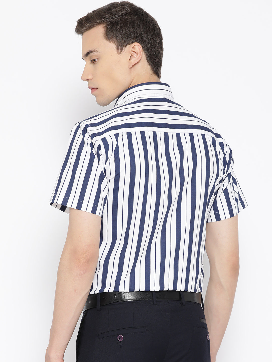 Men White & Navy Pure Cotton Striped Slim Fit Formal Shirt