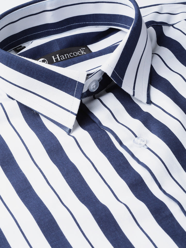 Men White & Navy Pure Cotton Striped Slim Fit Formal Shirt