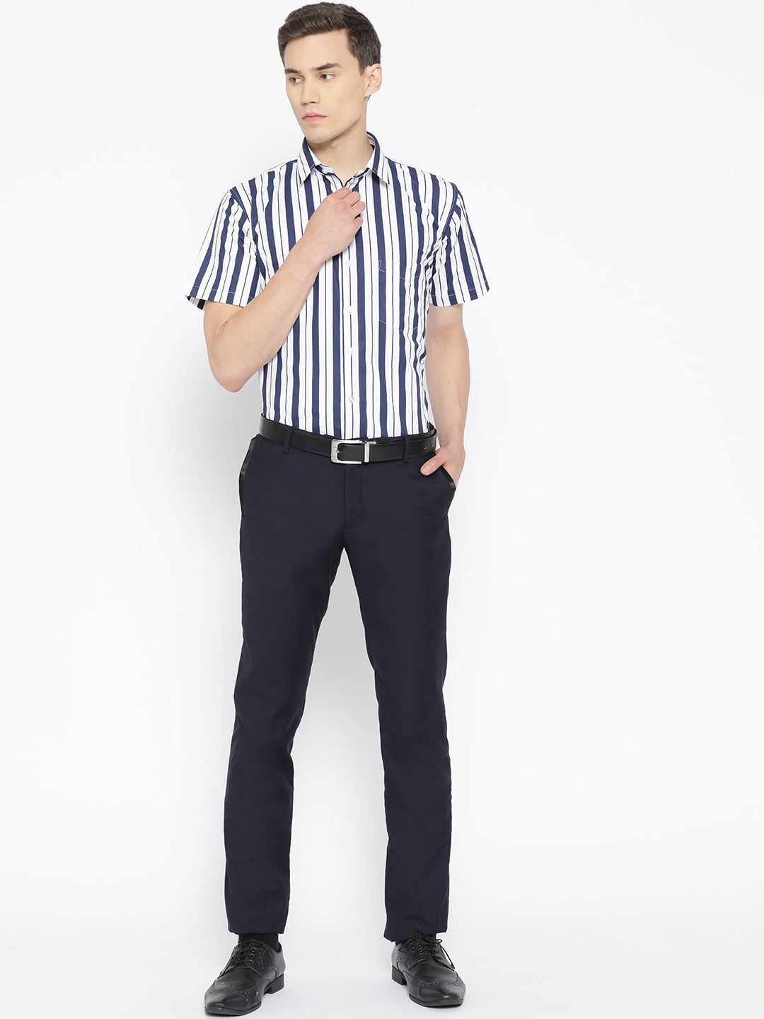 Men White & Navy Pure Cotton Striped Slim Fit Formal Shirt