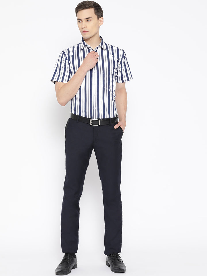 Men White & Navy Pure Cotton Striped Slim Fit Formal Shirt