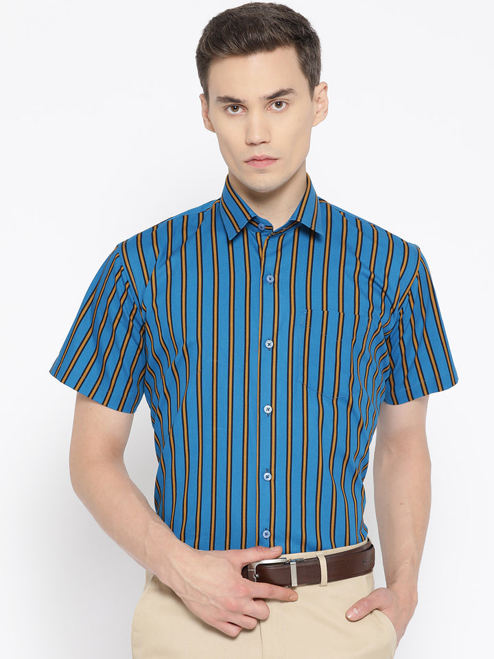 Men Blue & Yellow Pure Cotton Striped Slim Fit Formal Shirt
