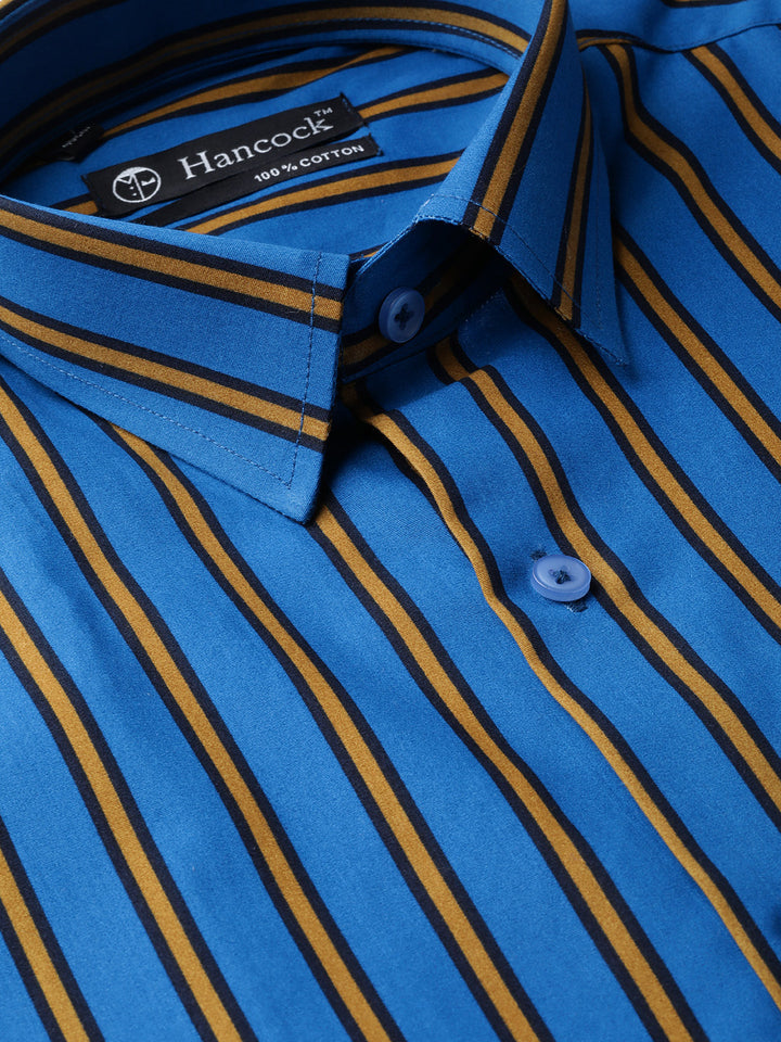 Men Blue & Yellow Pure Cotton Striped Slim Fit Formal Shirt