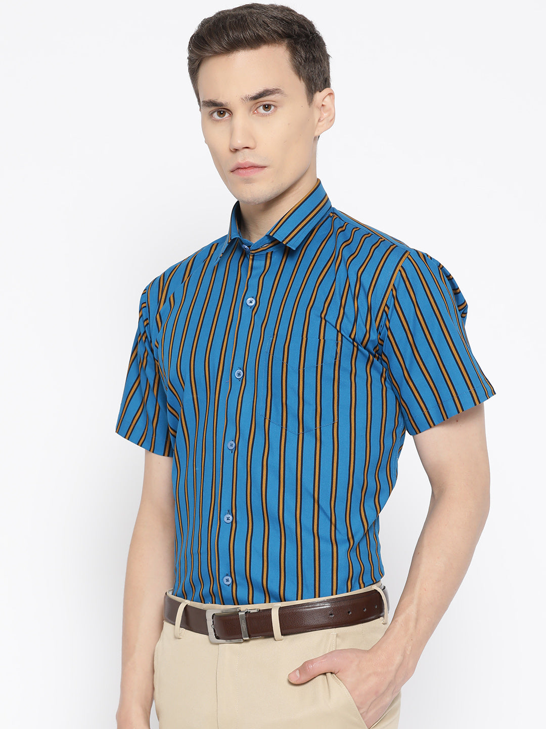 Men Blue & Yellow Pure Cotton Striped Slim Fit Formal Shirt
