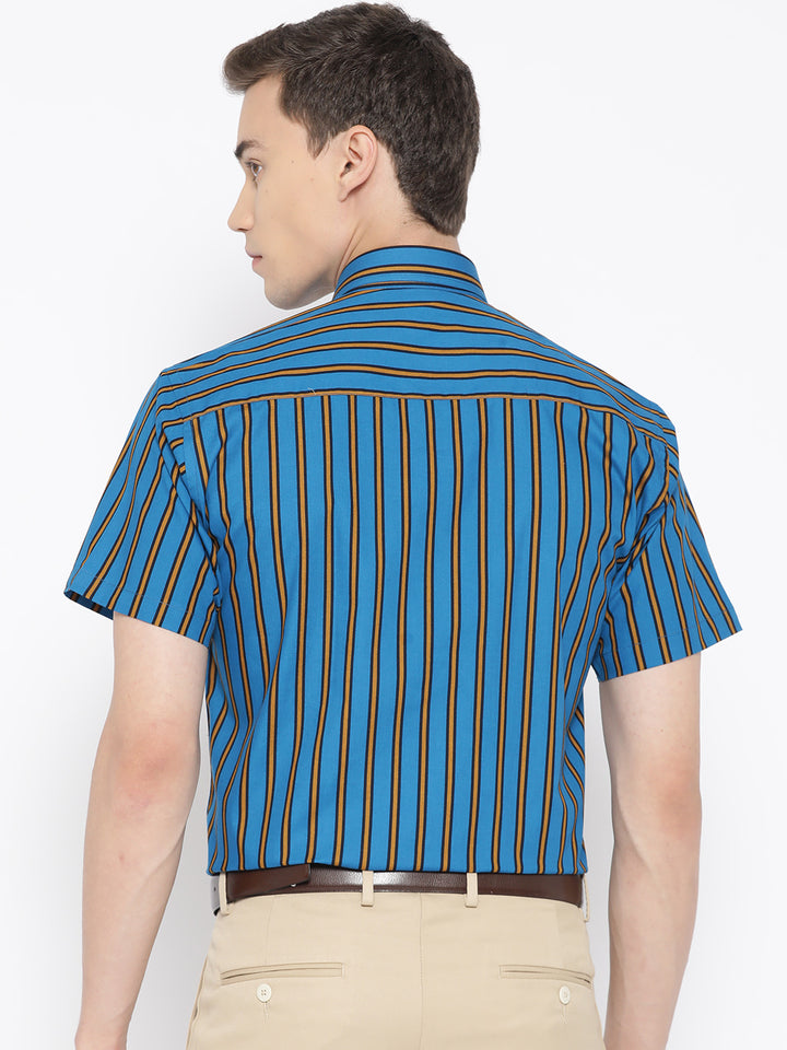 Men Blue & Yellow Pure Cotton Striped Slim Fit Formal Shirt