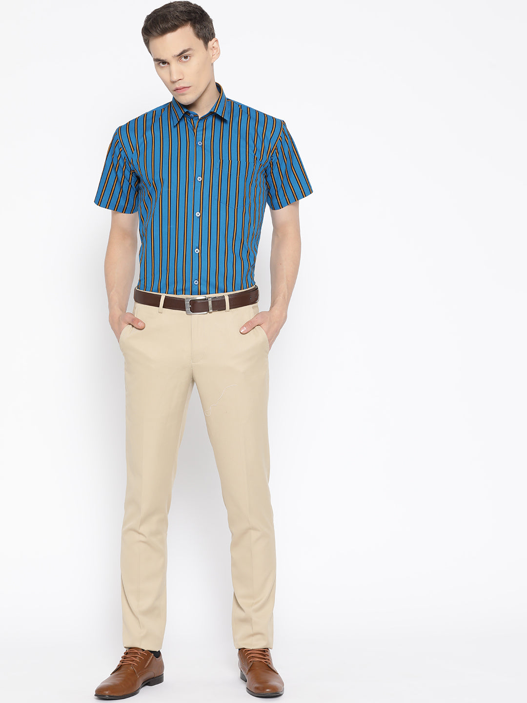 Men Blue & Yellow Pure Cotton Striped Slim Fit Formal Shirt