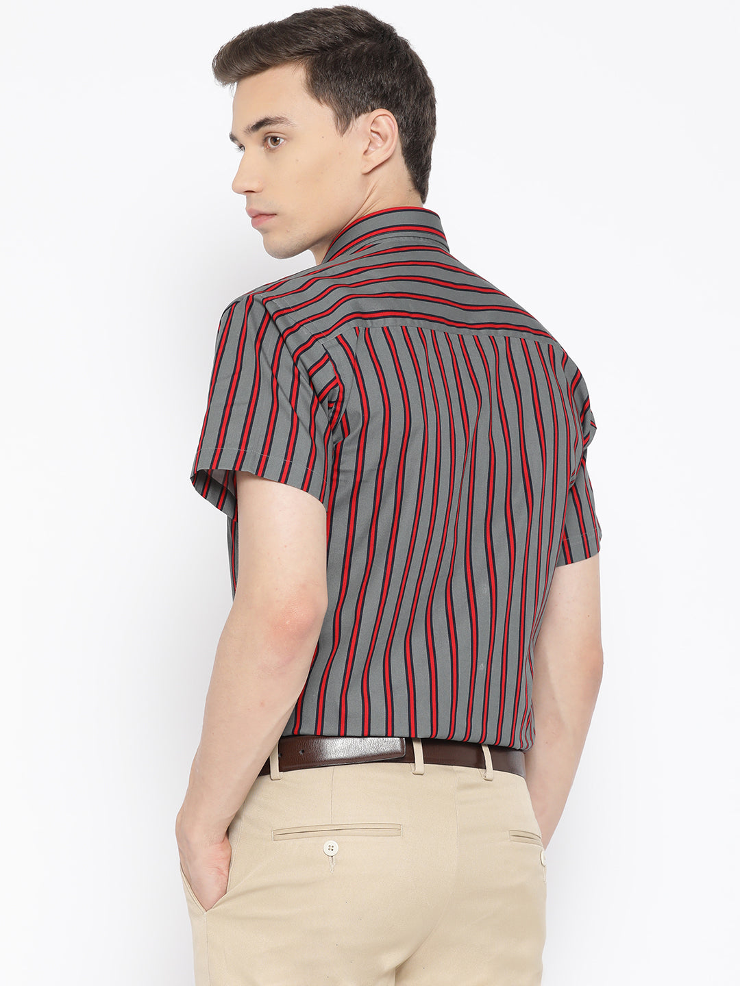 Men Grey & Red Pure Cotton Striped Slim Fit Formal Shirt