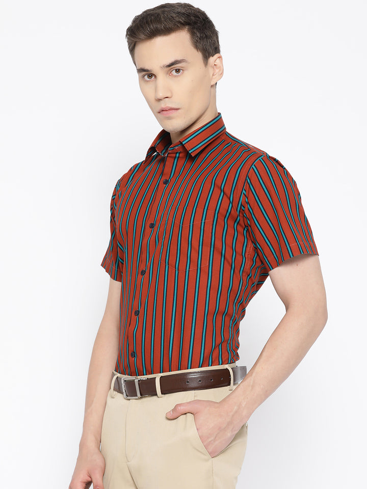 Men Rust & Green Pure Cotton Stripes Slim Fit Formal Shirt