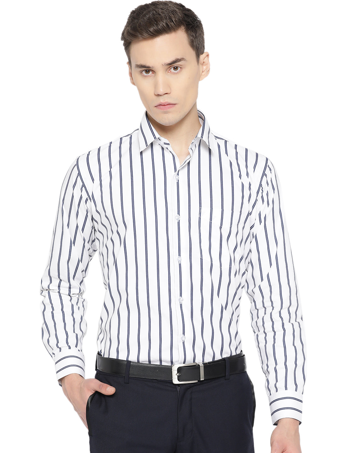 Men White & Navy Pure Cotton Striped Slim Fit Formal Shirt