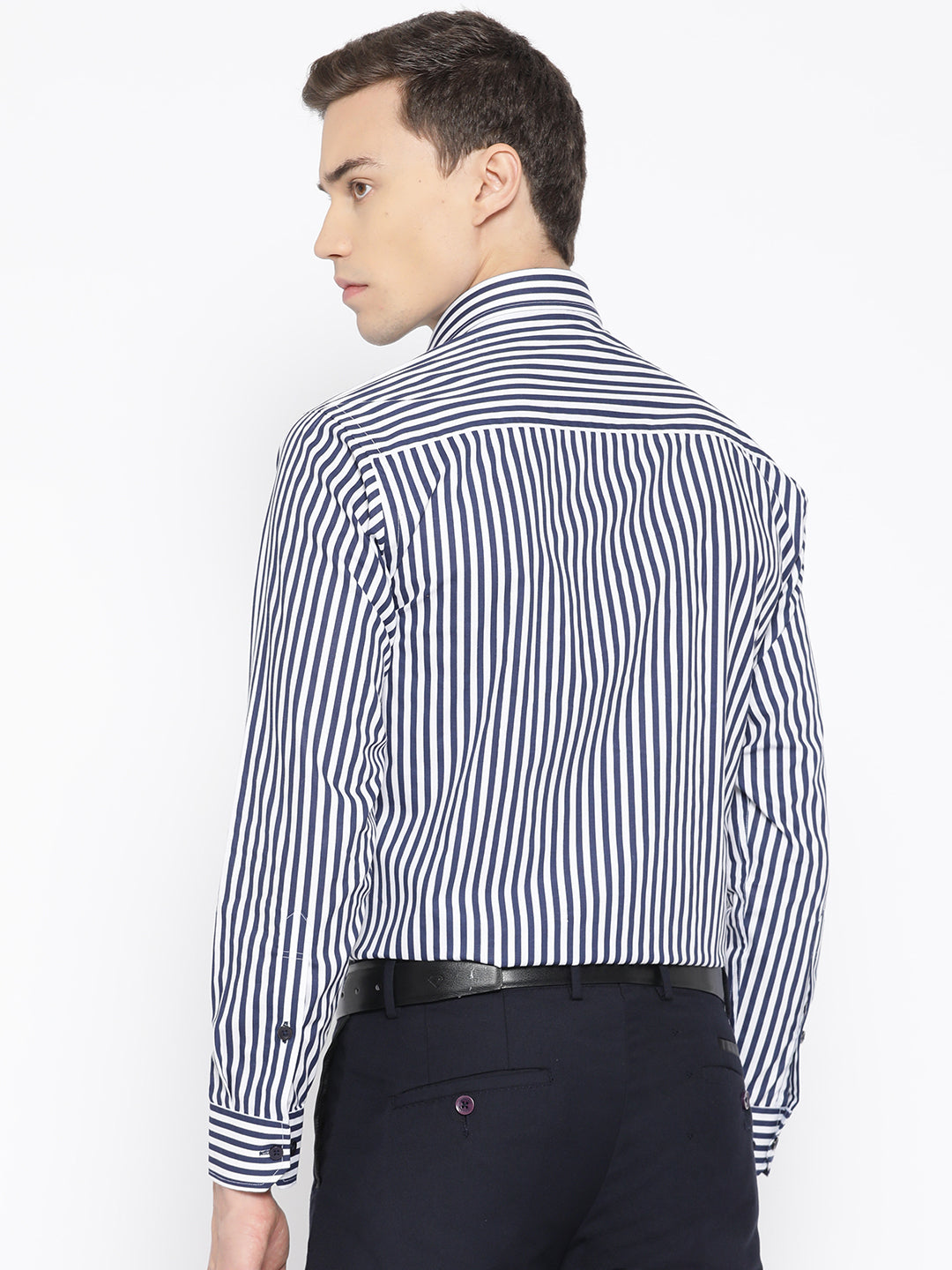 Men White & Navy Pure Cotton Striped Slim Fit Formal Shirt