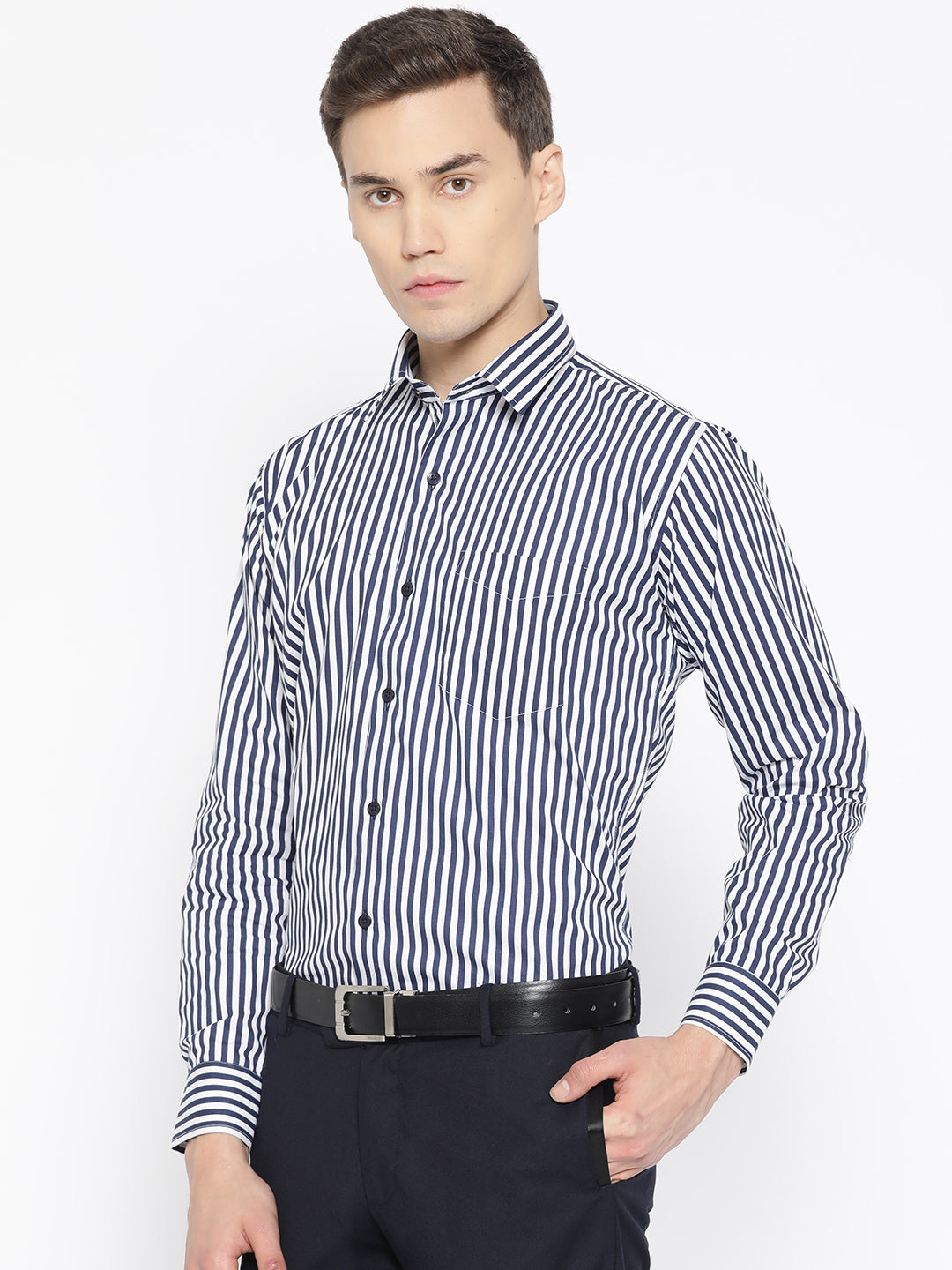 Men White & Navy Pure Cotton Striped Slim Fit Formal Shirt