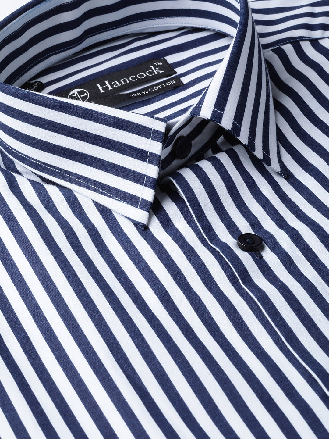 Men White & Navy Pure Cotton Striped Slim Fit Formal Shirt