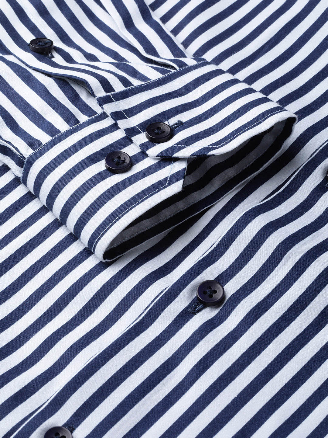 Men White & Navy Pure Cotton Striped Slim Fit Formal Shirt