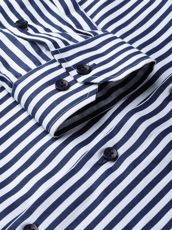 Men White & Navy Pure Cotton Striped Slim Fit Formal Shirt