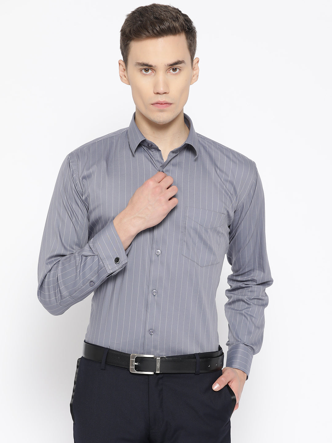 Men Grey Pure Cotton Striped Slim Fit Formal Shirt