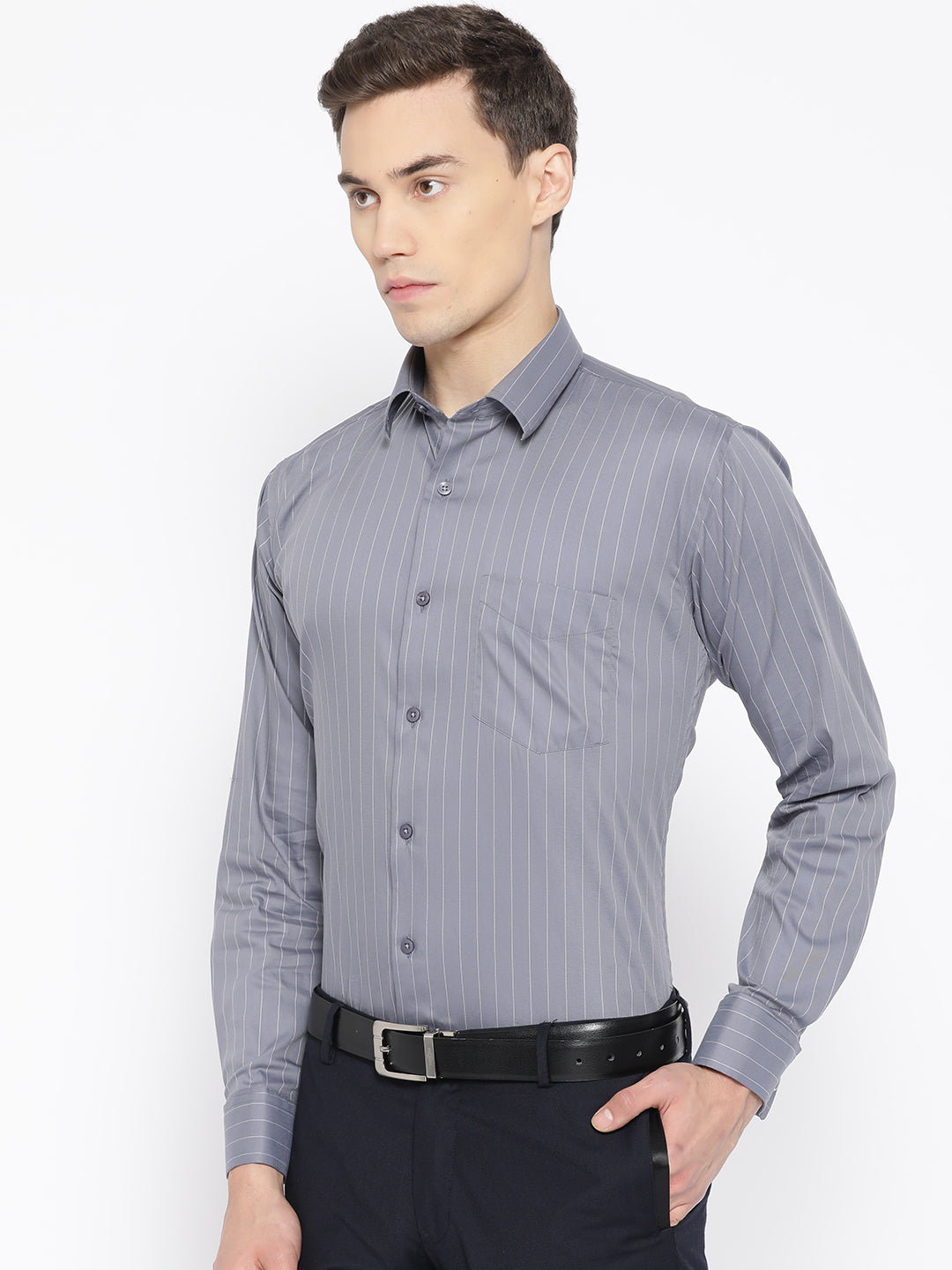 Men Grey Pure Cotton Striped Slim Fit Formal Shirt