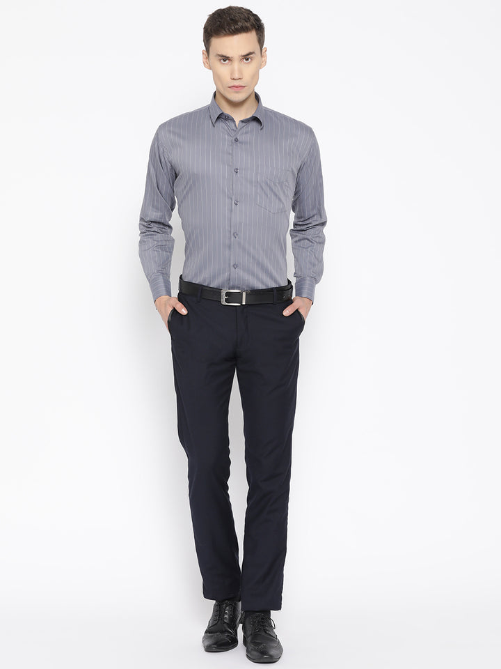 Men Grey Pure Cotton Striped Slim Fit Formal Shirt