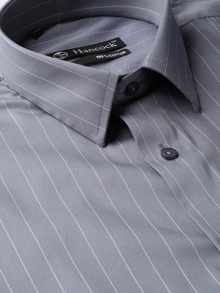 Men Grey Pure Cotton Striped Slim Fit Formal Shirt