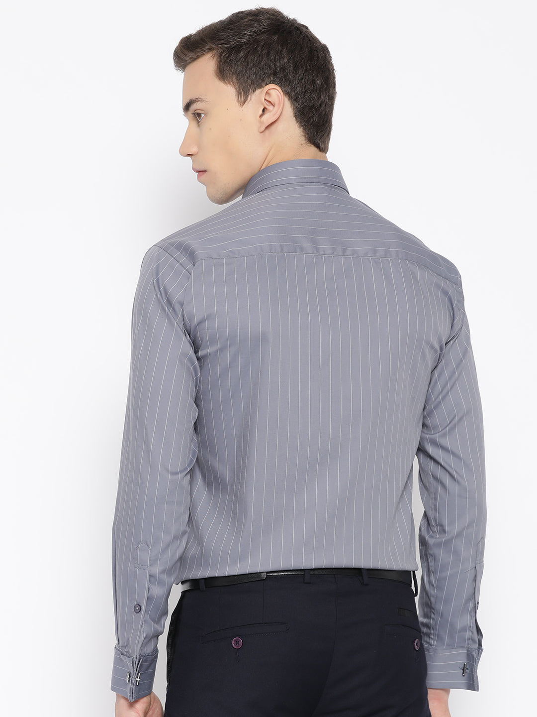 Men Grey Pure Cotton Striped Slim Fit Formal Shirt