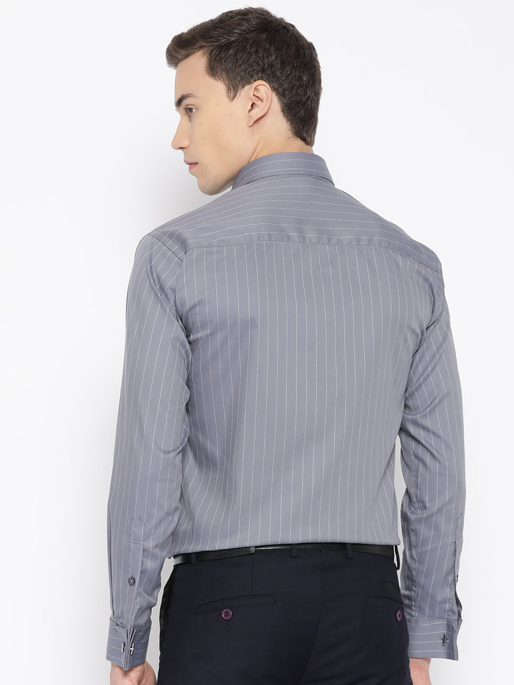 Men Grey Pure Cotton Striped Slim Fit Formal Shirt