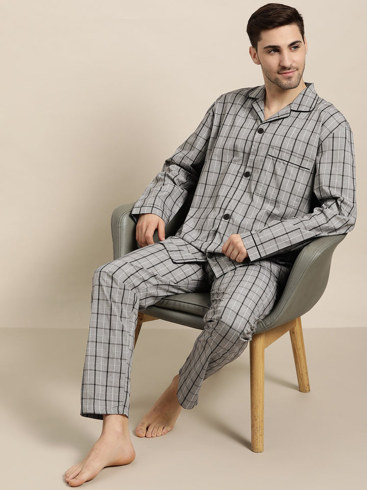 Men Grey Checks Pure Cotton Regular Fit Night Wear Night Suit
