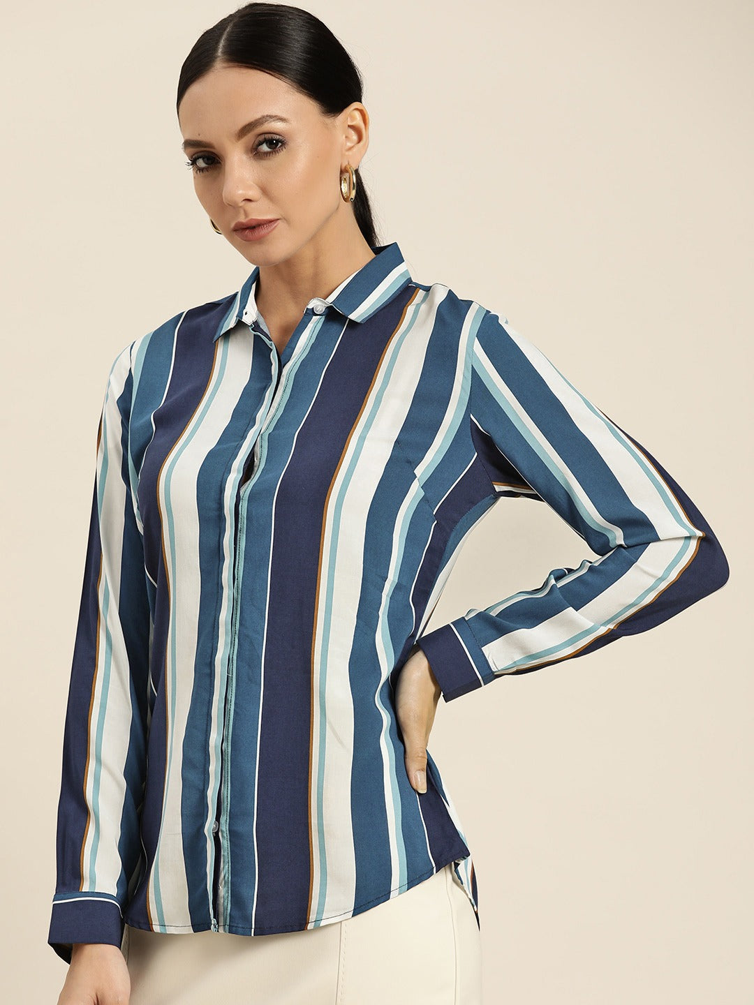 Women White & Blue Stripes Viscose Rayon Slim Fit Formal Shirt
