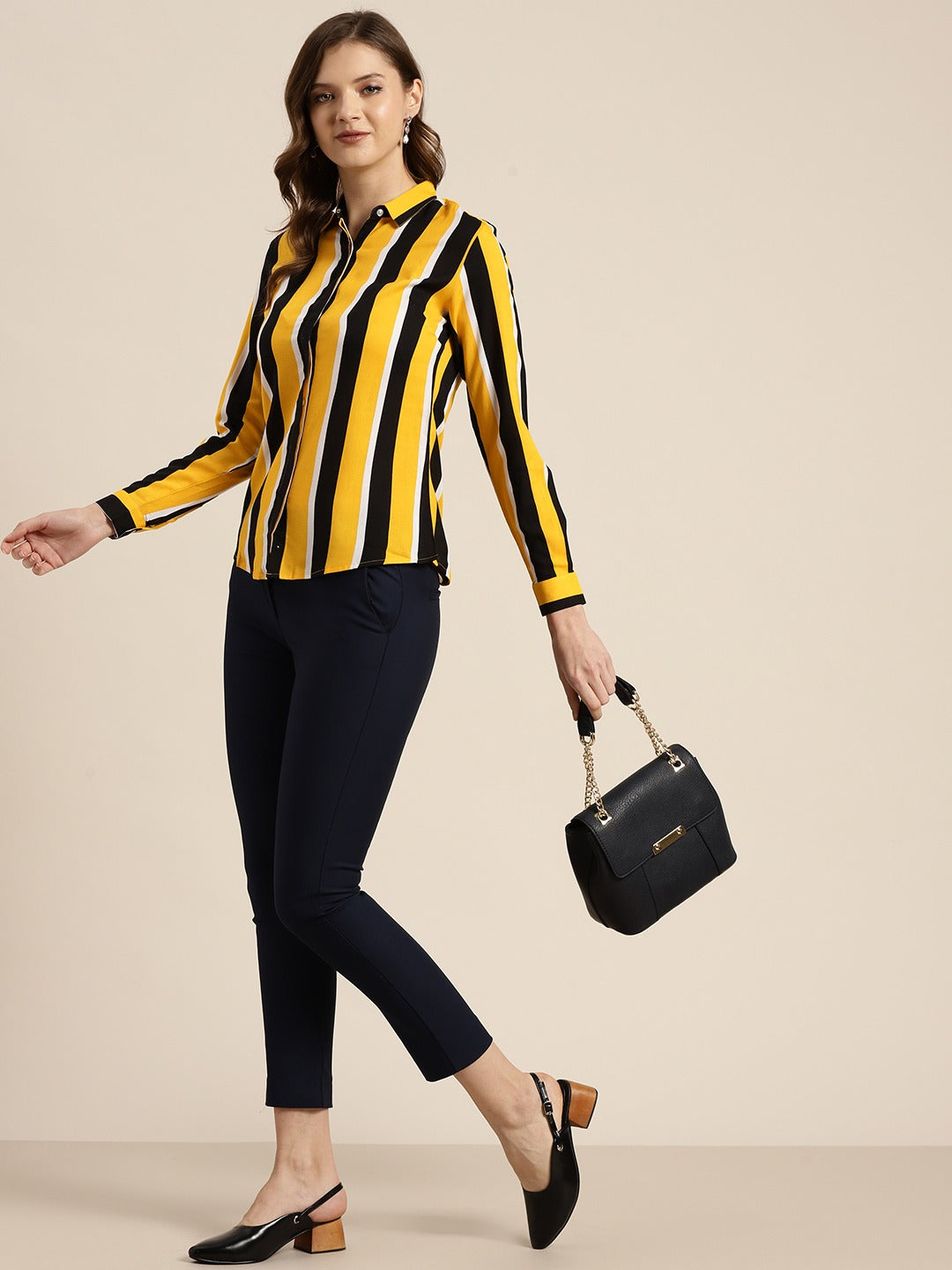 Women Black & Yellow Stripes Viscose Rayon Slim Fit Formal Shirt