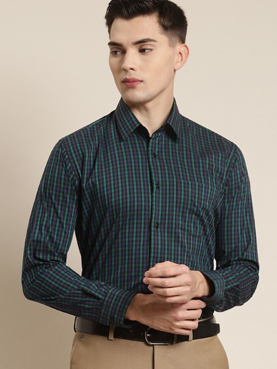 Men Black & Blue Checks Pure Cotton Slim Fit Formal Shirt