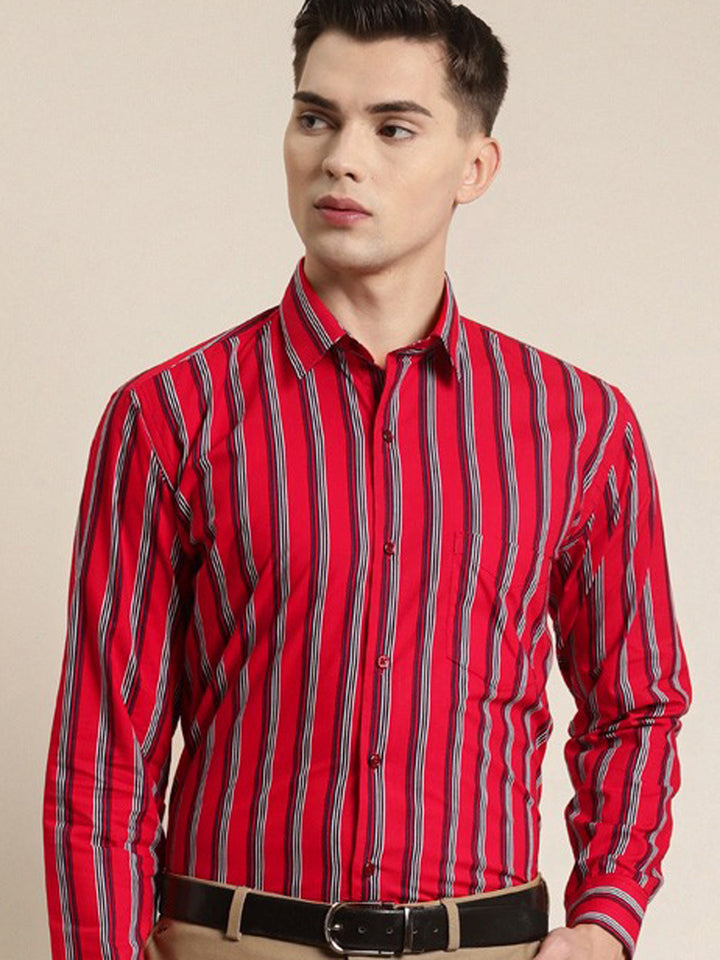 Men Red Stripes Pure Cotton Slim Fit Formal Shirt