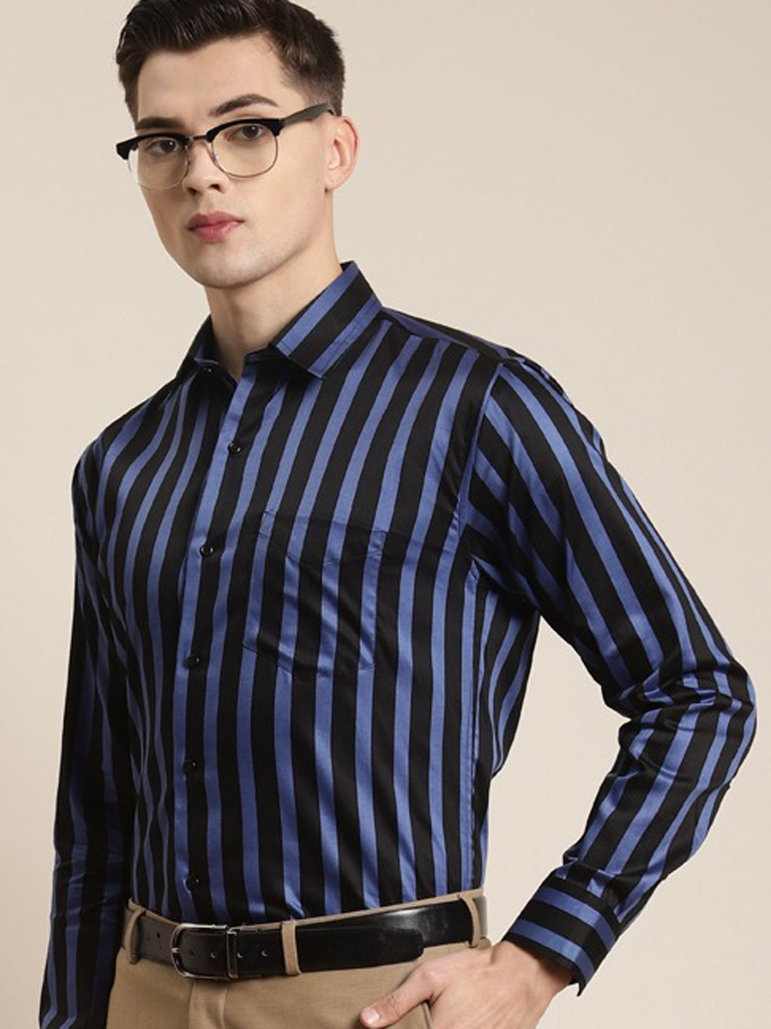 Men Black & Blue Stripes Pure Cotton Slim Fit Formal Shirt