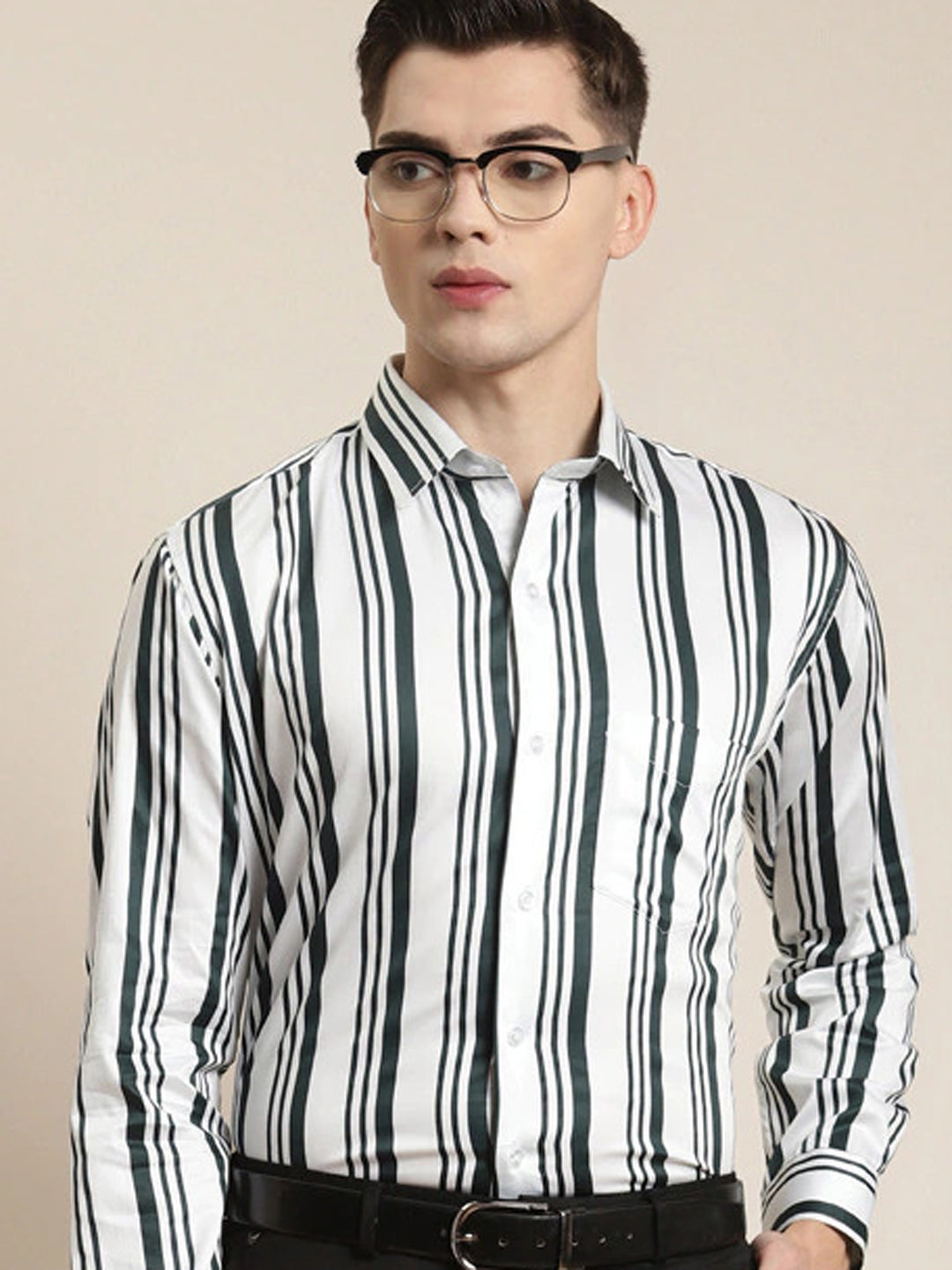 Men White & Green Stripes Pure Cotton Slim Fit Formal Shirt