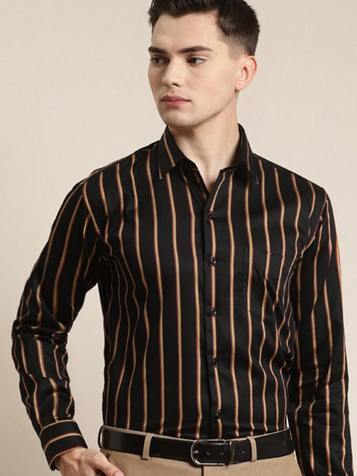 Men Black & Mustard Stripes Pure Cotton Slim Fit Formal Shirt