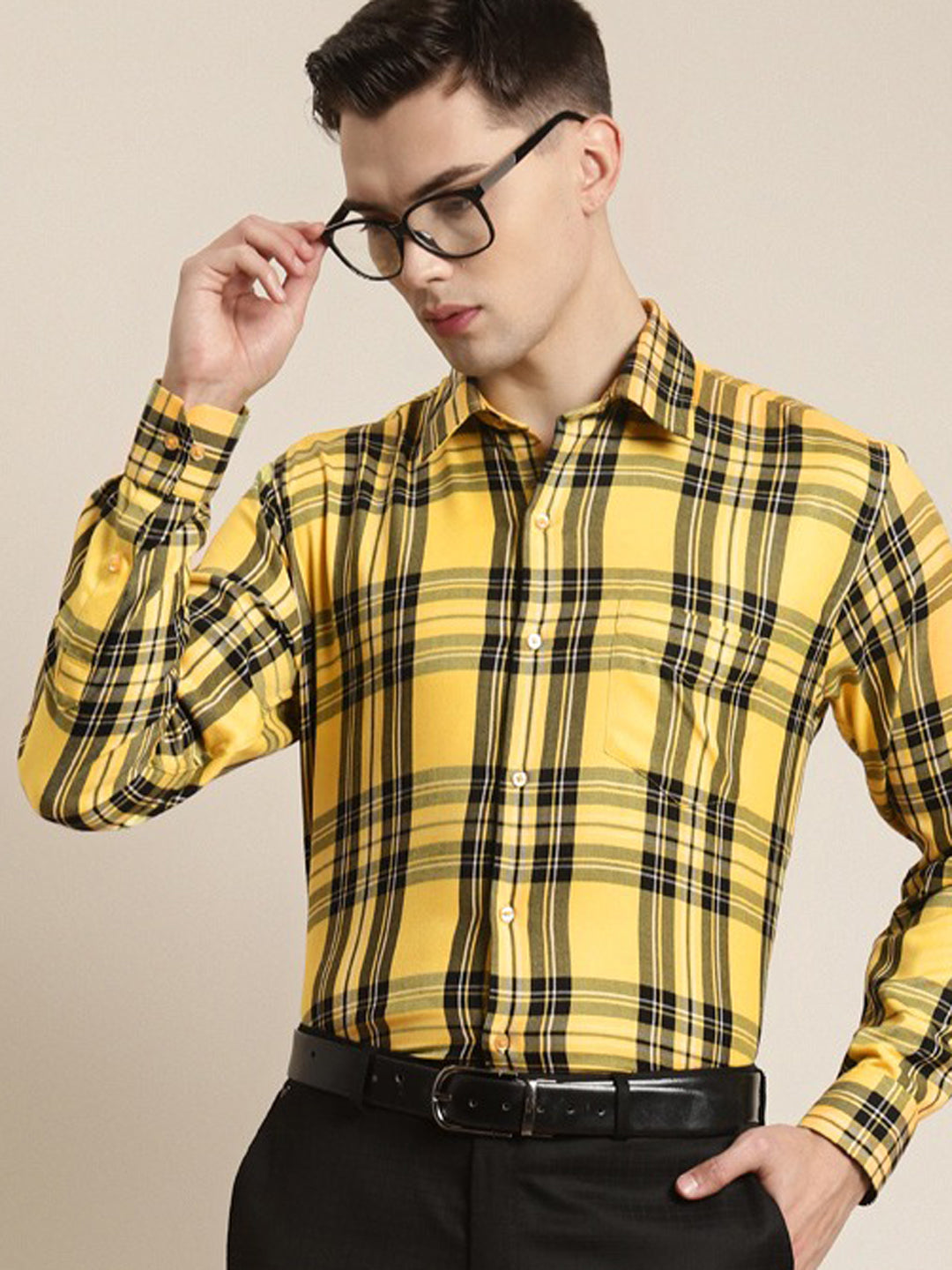 Men Yellow & Black Checks Pure Cotton Slim Fit Formal Shirt