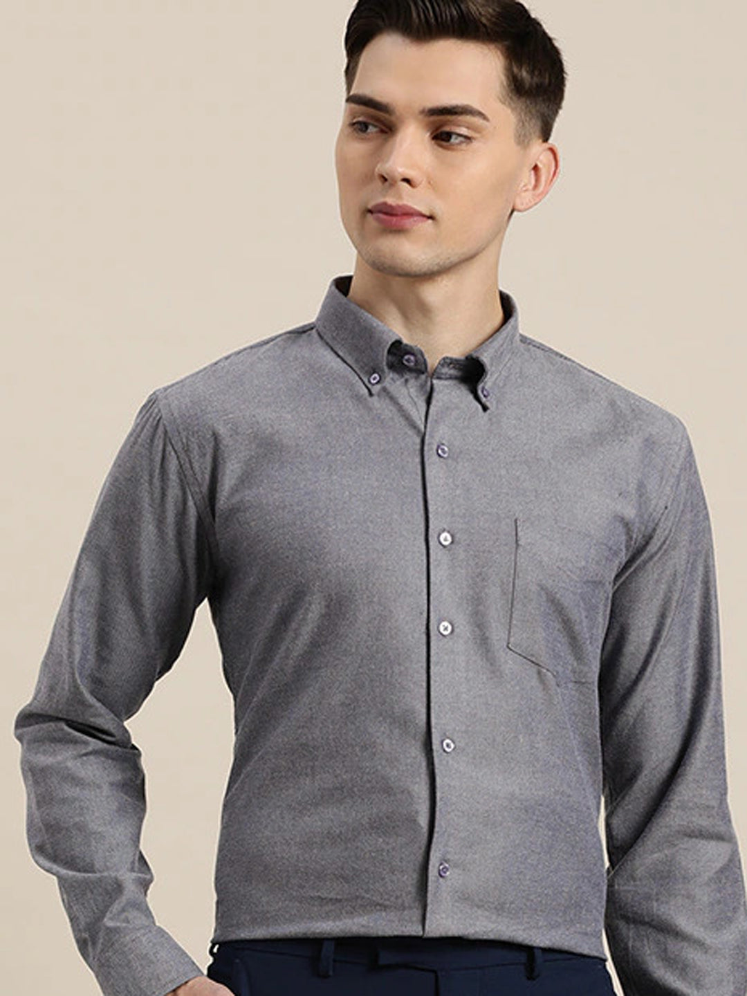 Men Navy & Grey Solid Button Down Collar Pure Cotton Slim Fit Formal Shirt