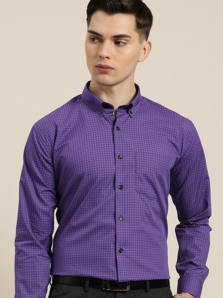 Men Purple Checks Button Down Collar Pure Cotton Slim Fit Formal Shirt