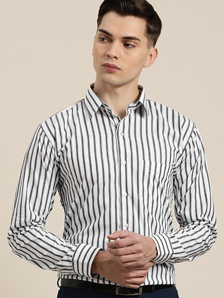 Men White & Grey Stripes Pure Cotton Slim Fit Formal Shirt
