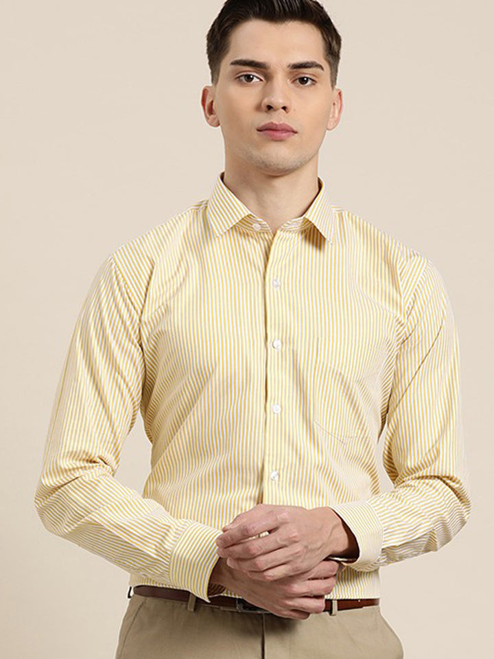 Men White & Yellow Stripes Pure Cotton Slim Fit Formal Shirt
