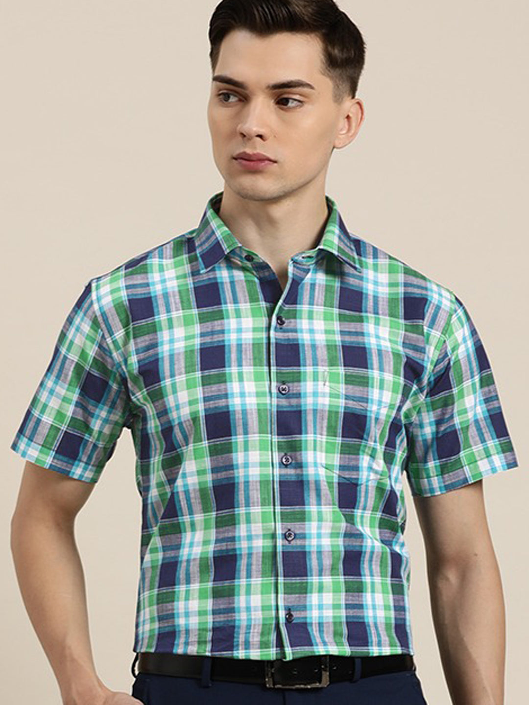 Men Navy & Green Checks Pure Cotton Slim Fit Formal Shirt