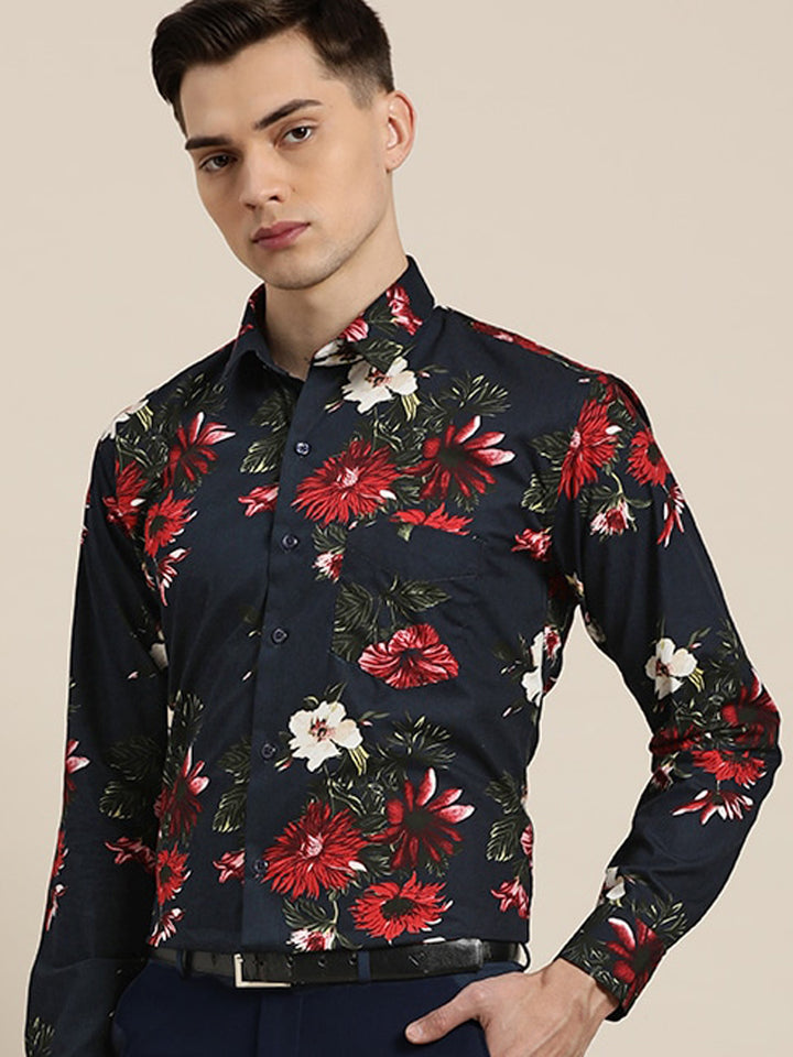 Men Navy & Red Prints Pure Cotton Slim Fit Formal Shirt