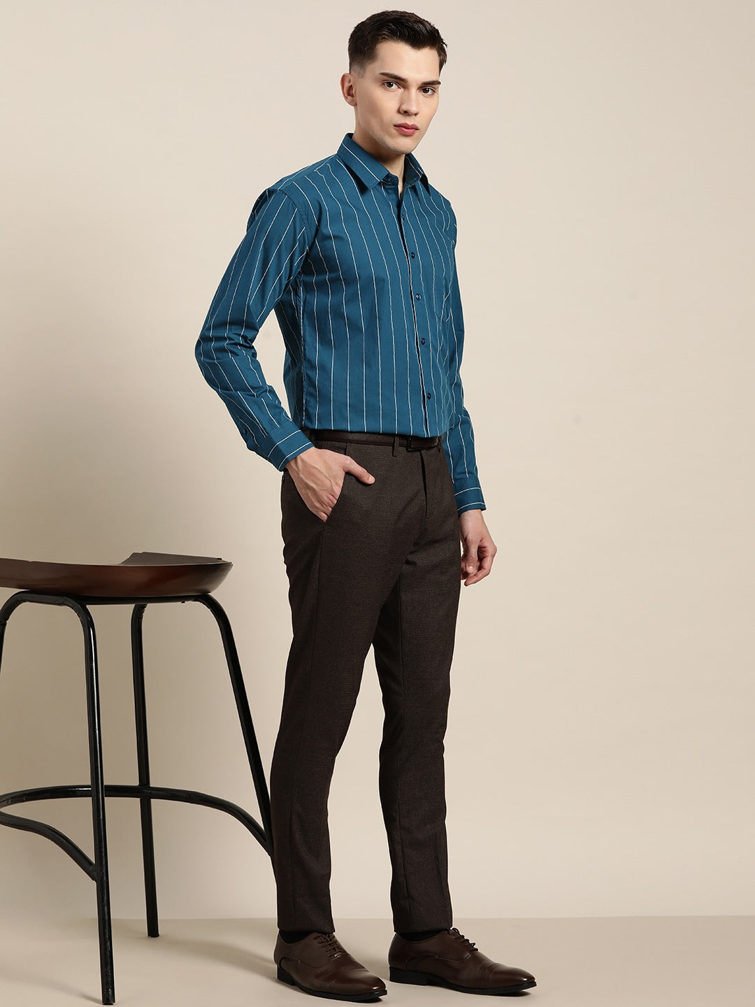 Men Turquoise Blue Stripes Pure Cotton Slim Fit Formal Shirt