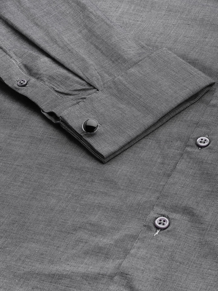 Men Grey Solid Self Design Pure Cotton Slim Fit French Cuff Formal Shirt