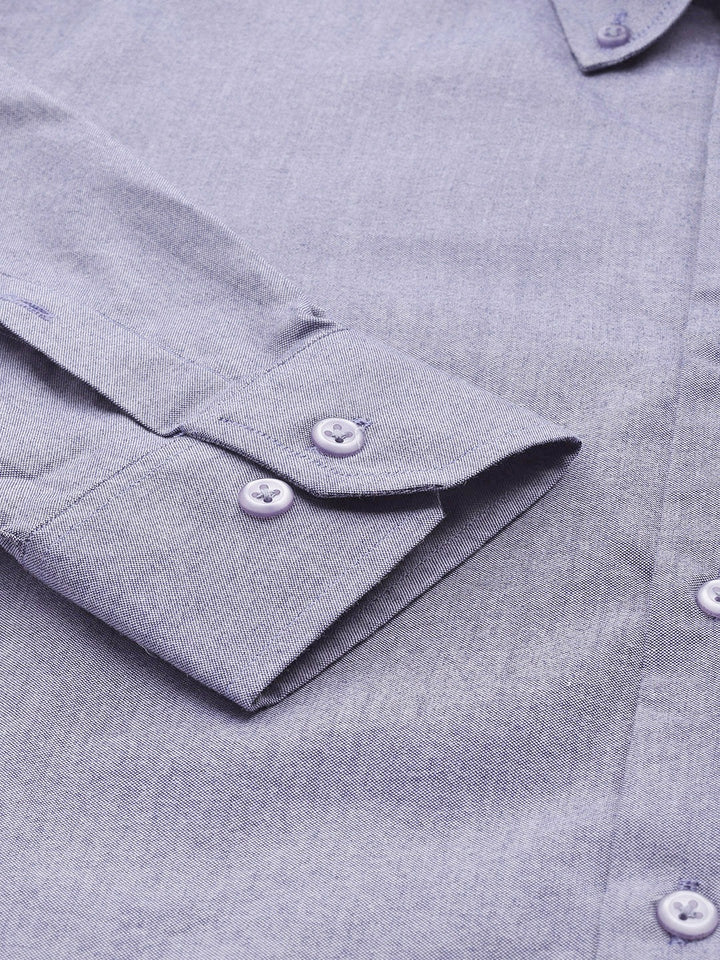 Men Navy Solid Chambray Button Down Collar Slim Fit Formal Shirt