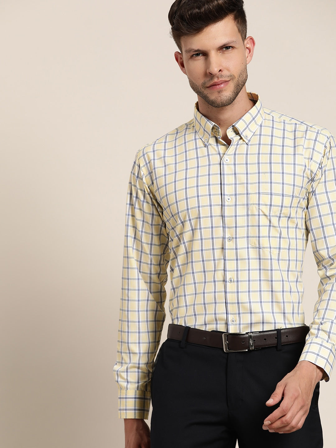 Men Yellow & Navy Checked Cotton Rich Slim Fit Formal Shirt