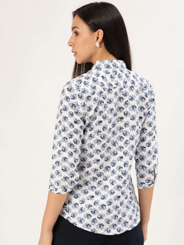 Women White & Blue Prints Pure Cotton Slim Fit Formal Shirt