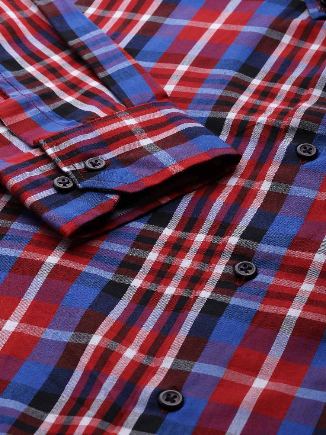 Men Blue & Red Checks Pure Cotton Slim Fit Formal Shirt