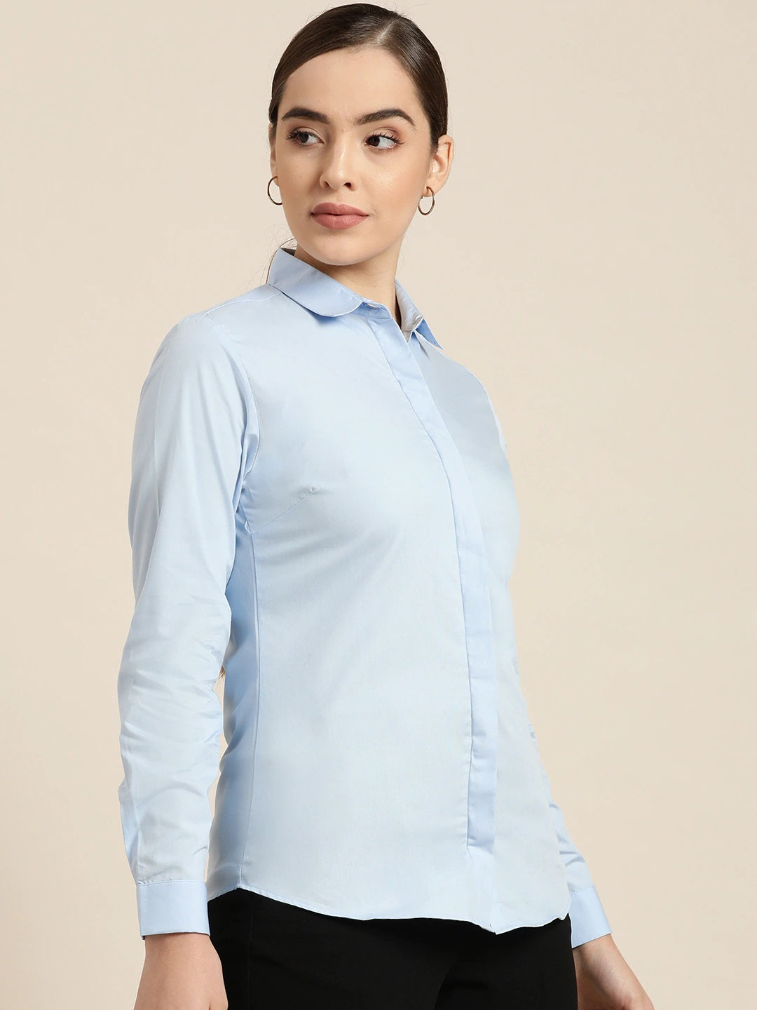 Women Sky Blue Solid Pure Cotton Slim Fit Formal Shirt