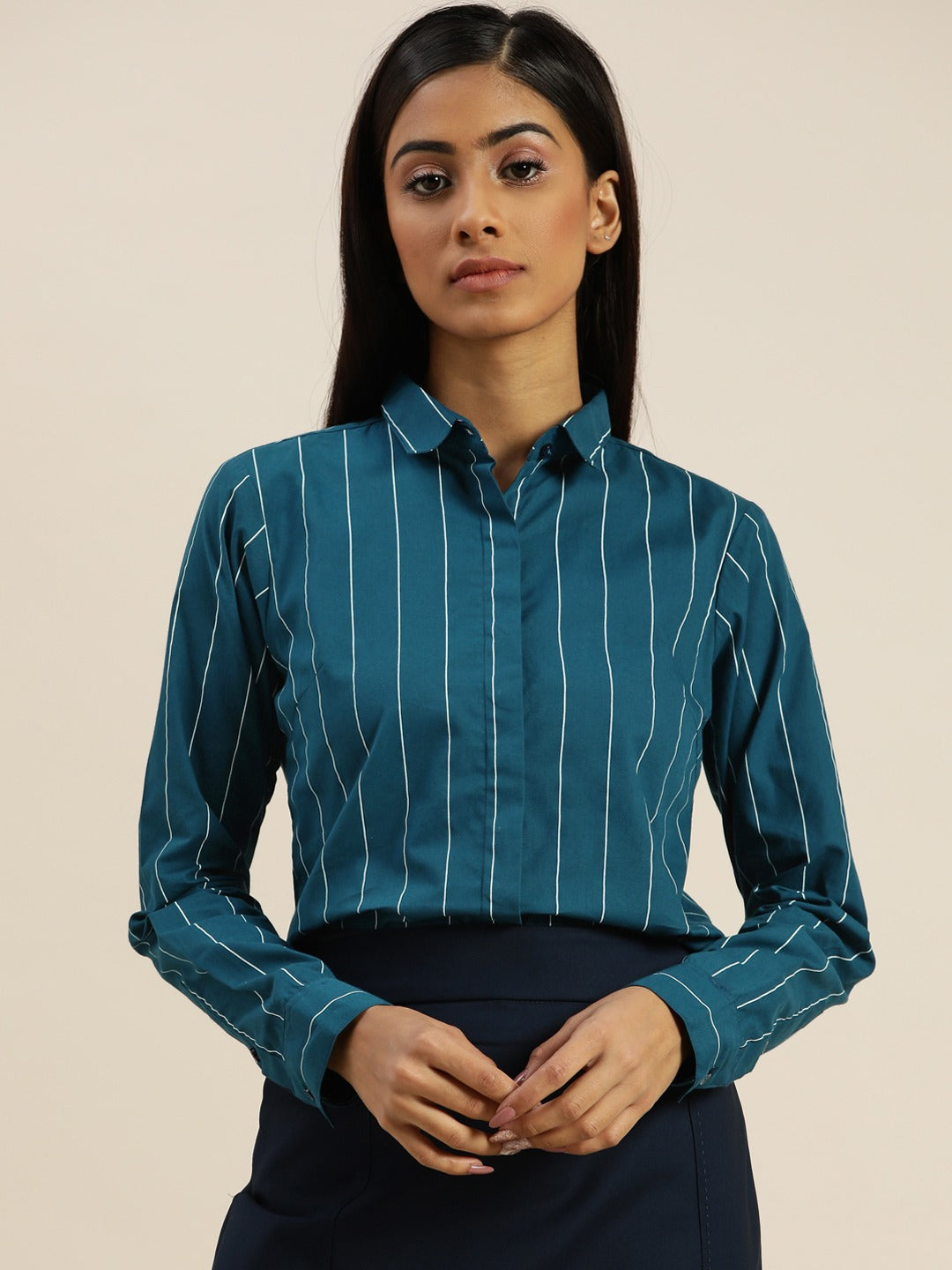 Women Turquoise Blue Striped Pure Cotton Slim Fit Formal Shirt