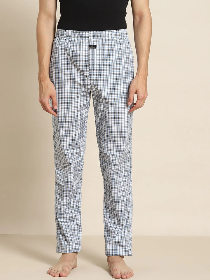 Men White-Blue Checks Pure Cotton Relaxed Fit Casual Lounge Pant