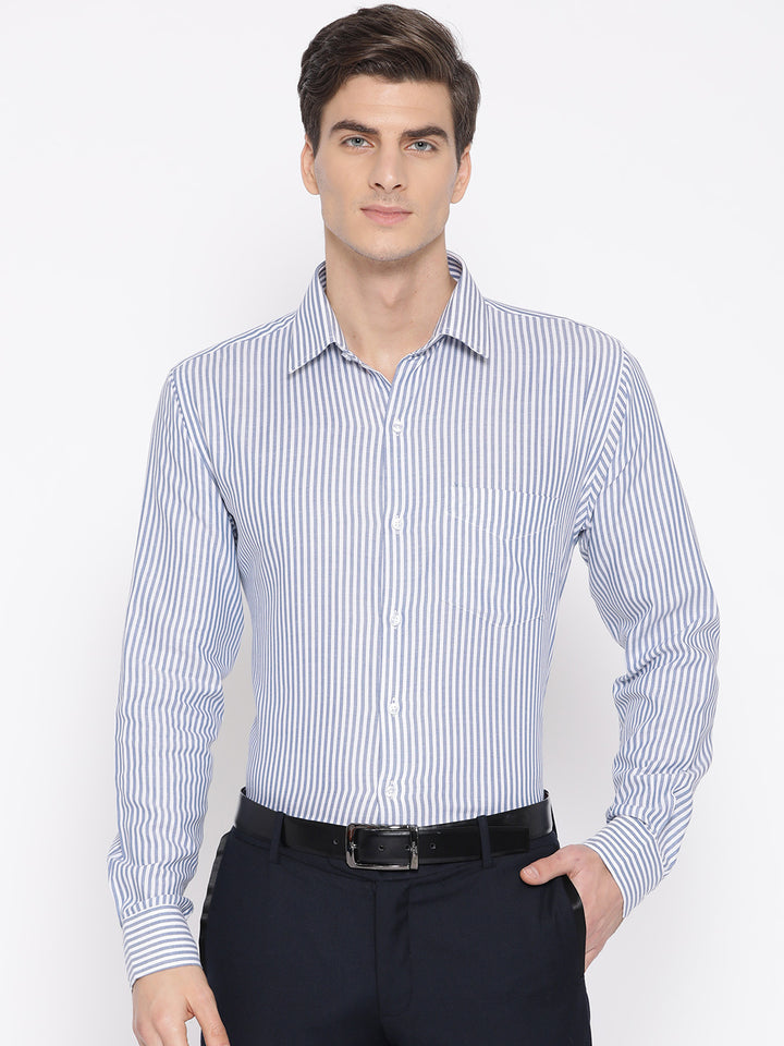 Men White & Blue Pure Cotton Striped Slim Fit Formal Shirt